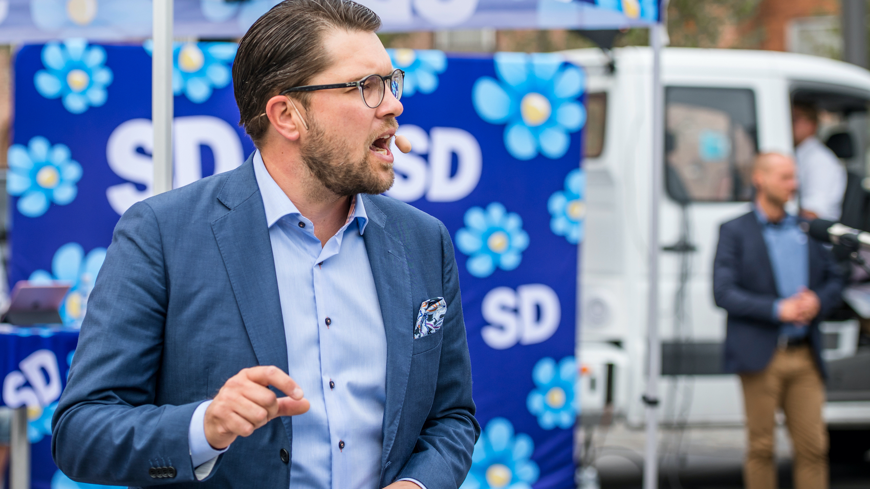 Sweden Democrats' Square Meeting in Umeå. Jimmie Åkesson speaks to the people on the city square in Umeå, Sweden on August 14, 2018.