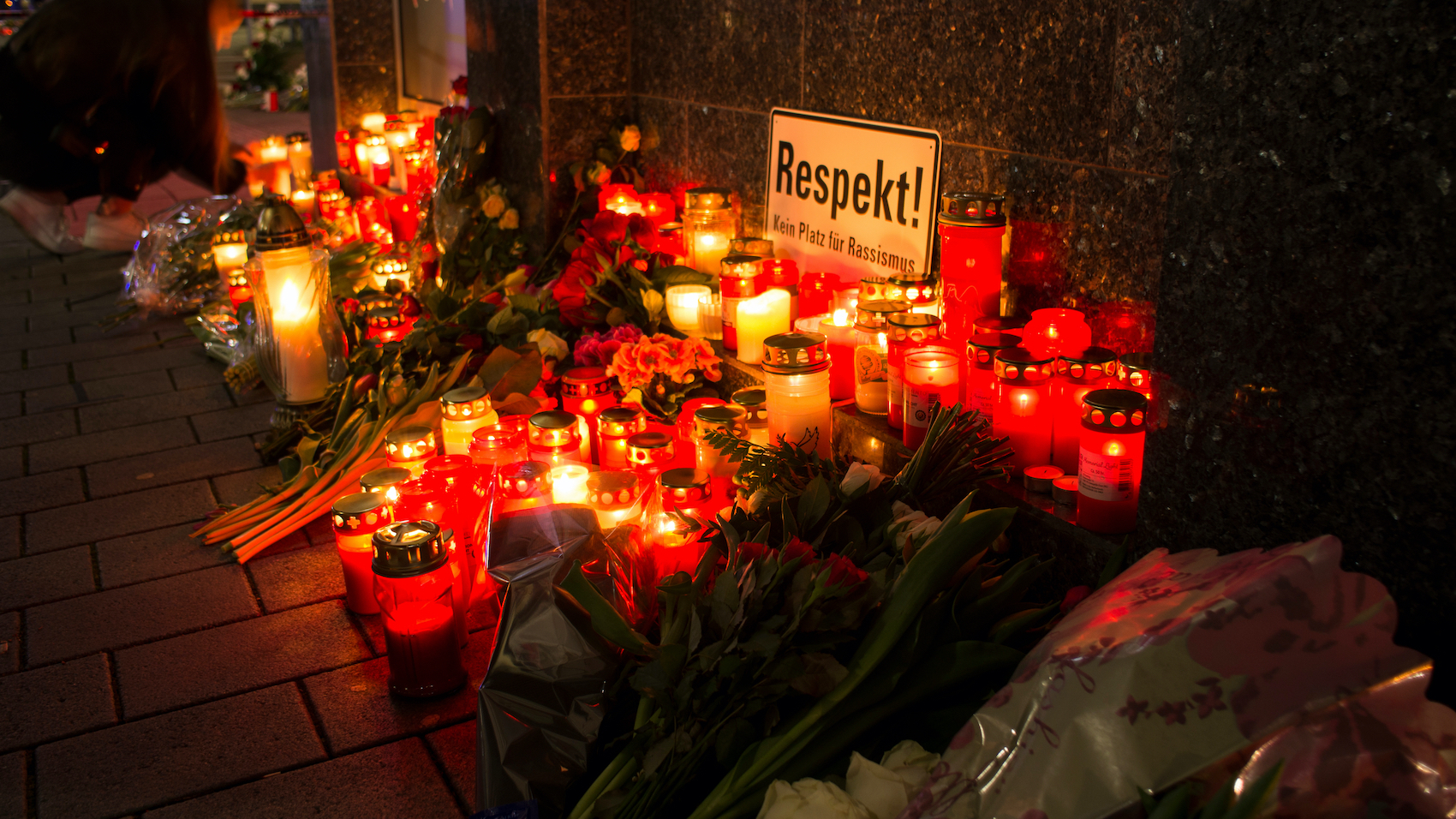 Flowers and Candles at the Hanau shooting site as a remembrance to the victims of right extremist terror attack in Germany on February 20, 2020.