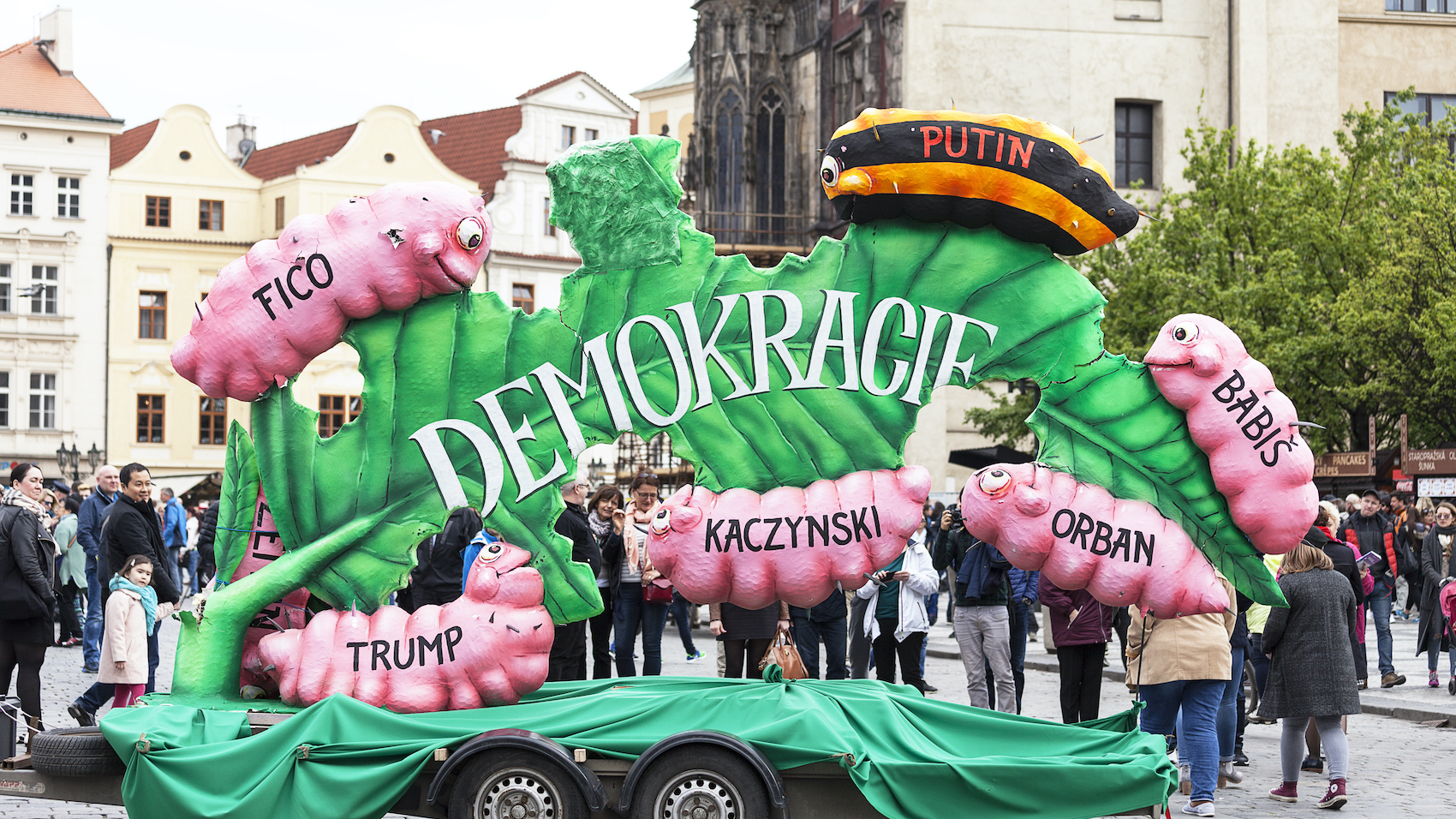 Celebration of the Labour Day in Prague, Czech Republic on May 1, 2017. Banner is illustrating democracy as a leaf bitten by caterpillars with names: Putin, Kaczynski, Orban, Babis, Trump, Fico. Photo: Jolanta Wojcicka