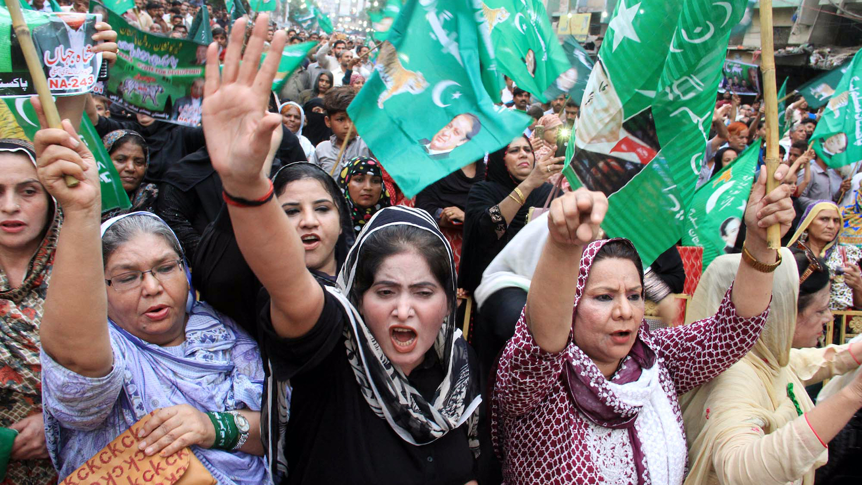 Supporters of (PML-N) are showing their zeal during public gathering meeting regarding general election campaign held at Lyari area in Karachi, Pakistan on June 26, 2018. Photo: Asianet-Pakistan