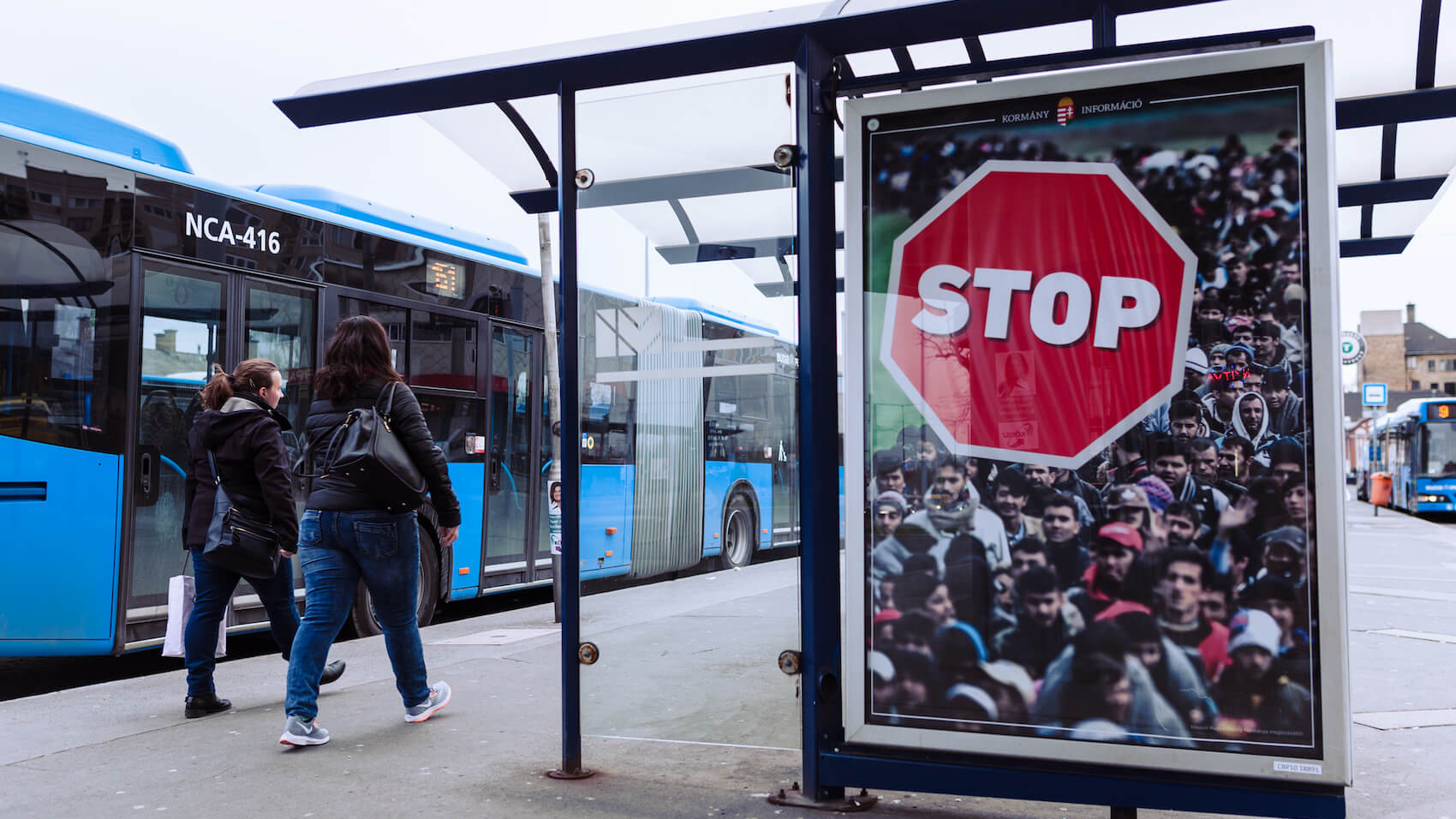 Hungarian government's anti-immigration billboard says "STOP the refugees" in Budapest, Hungary on April 4, 2018.