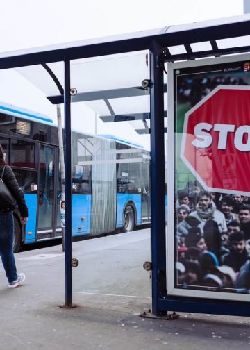 Hungarian government's anti-immigration billboard says "STOP the refugees" in Budapest, Hungary on April 4, 2018.