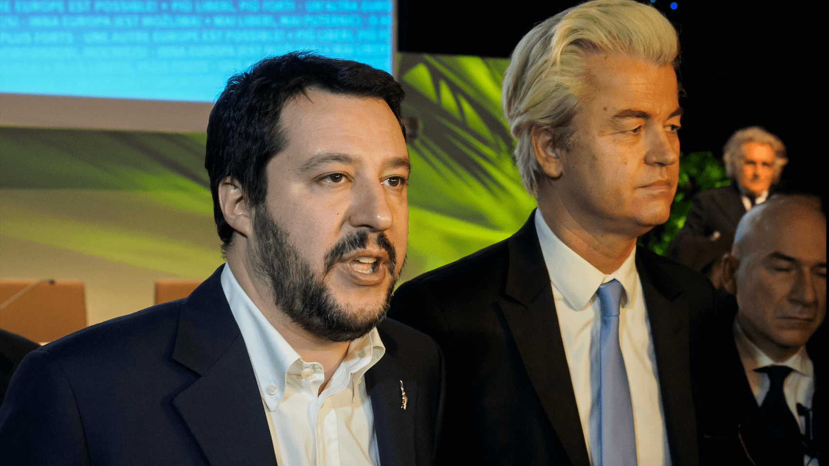 Secretary of Northern League, Matteo Salvini, and PVV leader, Geert Wilders, after the closing press conference of the first ENF congress at the MiCo center in Milano on January 29, 2016. Photo: Marco Aprile