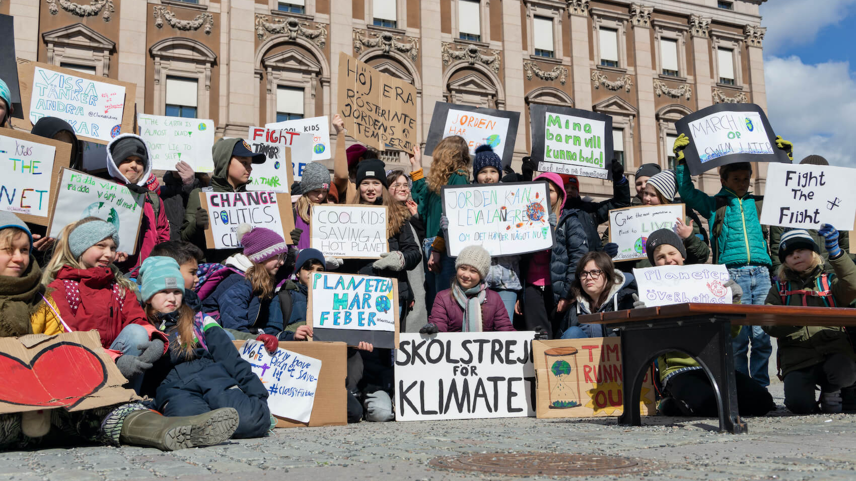 Climate activists joining 16-year-old Swedish Greta Thunberg for school strike against climate change in Stockholm, Sweden on April 12, 2019. Photo: Per Grunditz