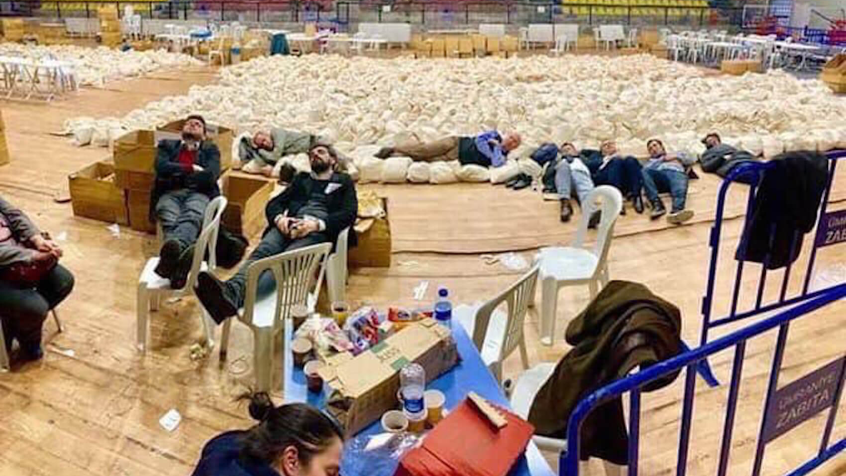 Opposition party deputies, members and the members of civil society organisations had to guard the ballots for days to prevent stealing by the people organized by Erdogan regime in Turkey. The photo was shared by opposition deputy Mahmut Tanal's Twitter account @MTanal during the Turkish local elections on March 31, 2019.