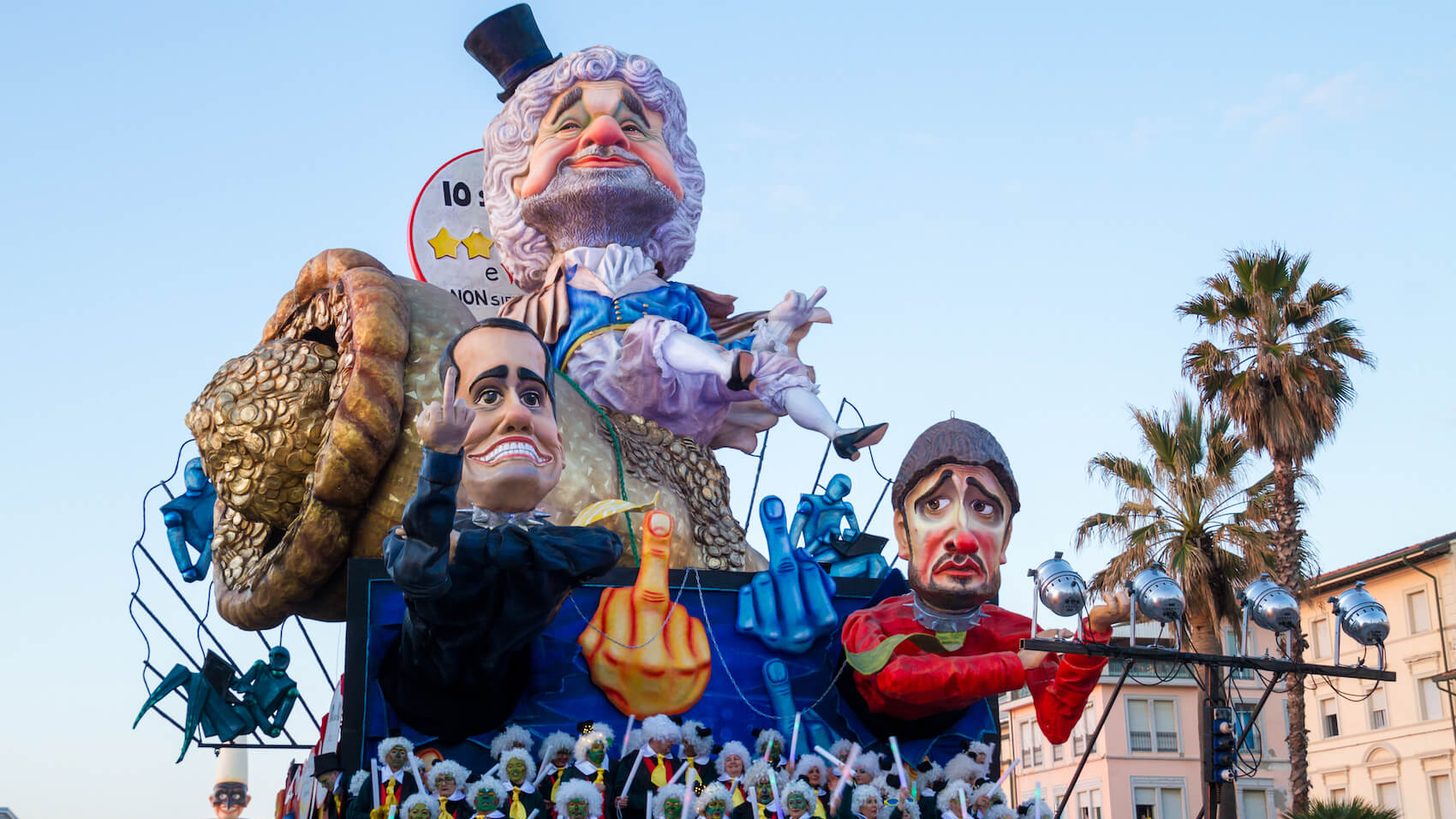 Caricature of The Five Star Movement in carnival parade of floats and masks, made of paper-pulp in Viareggio, Tuscany, Italy in January 2018.