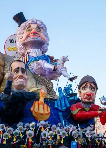 Caricature of The Five Star Movement in carnival parade of floats and masks, made of paper-pulp in Viareggio, Tuscany, Italy in January 2018.