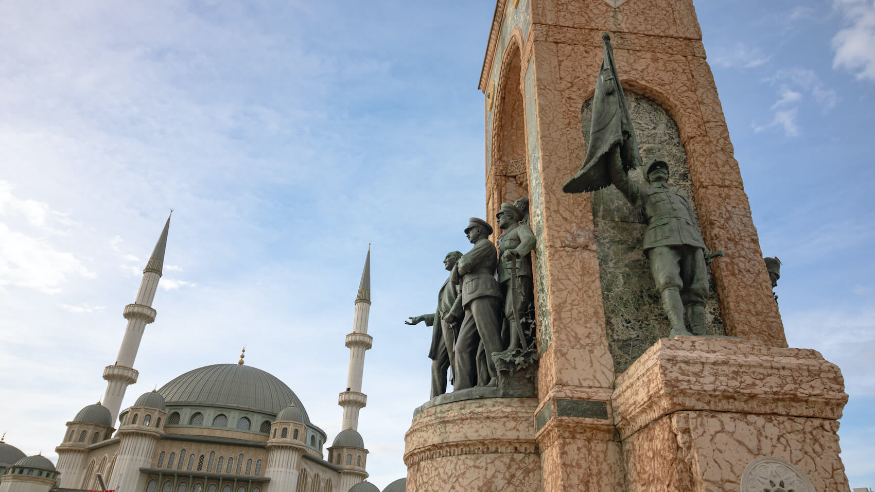 Recently-built Taksim Mosque and Republic Monument in Istanbul's Taksim Square symbolises new and old Turkey. Photo: Sener Dagasan