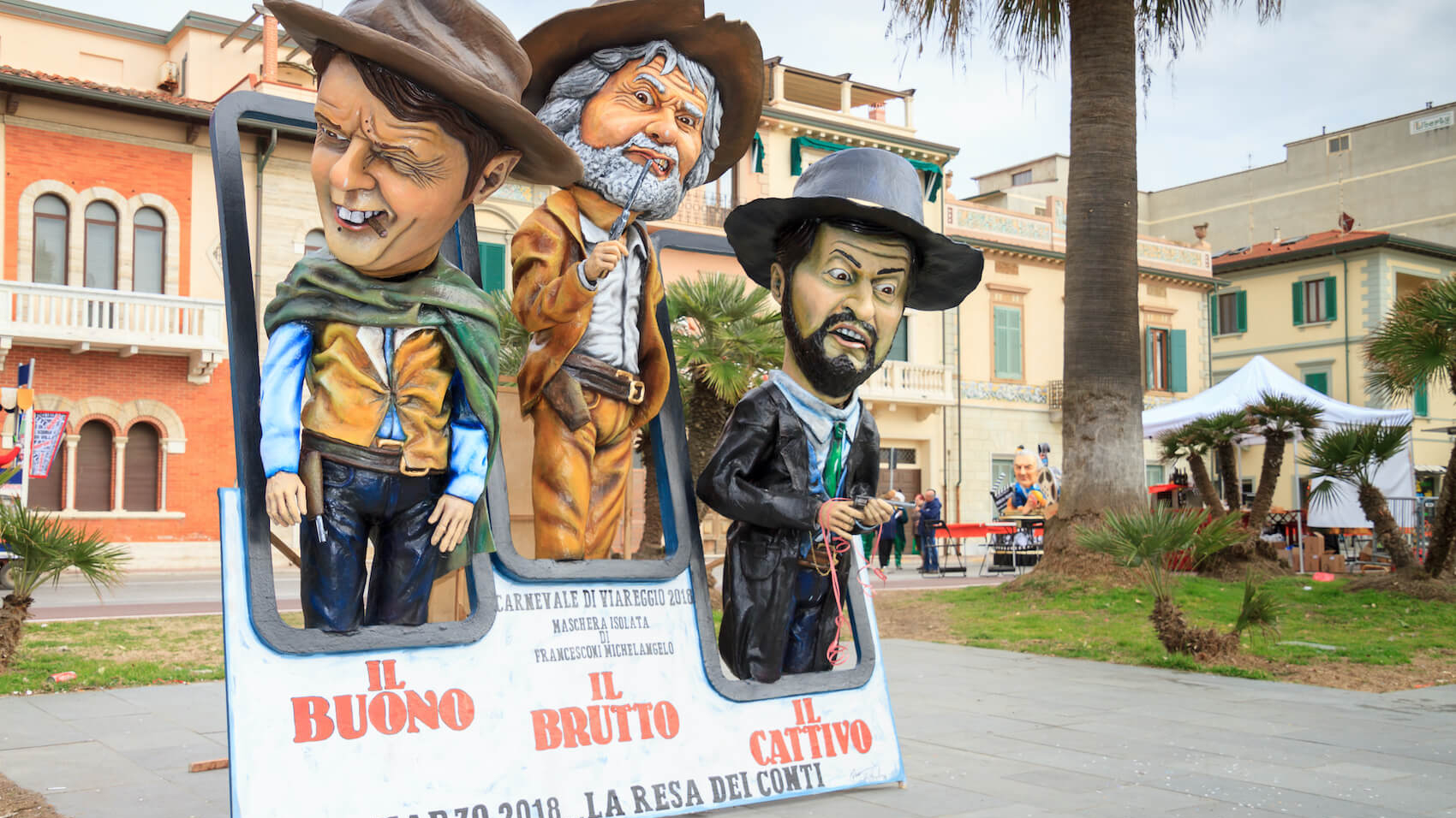 Caricature of Italian politicians Beppe Grillo, Matteo Renzi and Matteo Salvini in carnival parade of floats and masks, on January 2018 in Viareggio, Tuscany, Italy. Photo: Kokophotos.