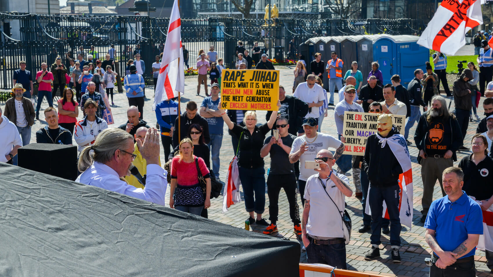 English Defence League (EDF) stages a rally in Birmingham on April 8th, 2017 to protest the "Islamisation" of the UK amongst other issues. UK is suffering divisions between locals and foreigners. Photo: Alexandre Rotenberg.