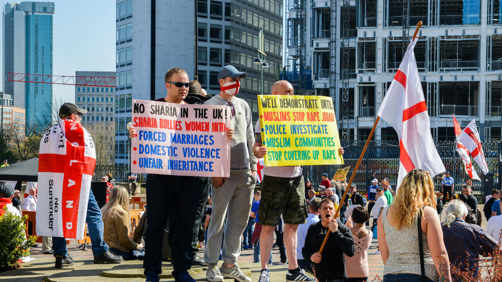 English Defence League (EDF) stages a rally to protest the "Islamisation" of the UK in Birmingham on April 8, 2017. Photo: Alexandre Rotenberg.