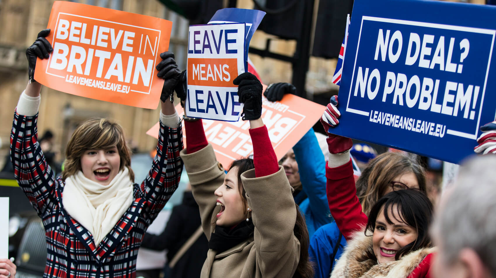 Brexit suporters, brexiteers, in central London holding banners campaigning to leave the European Union on January 15, 2019.