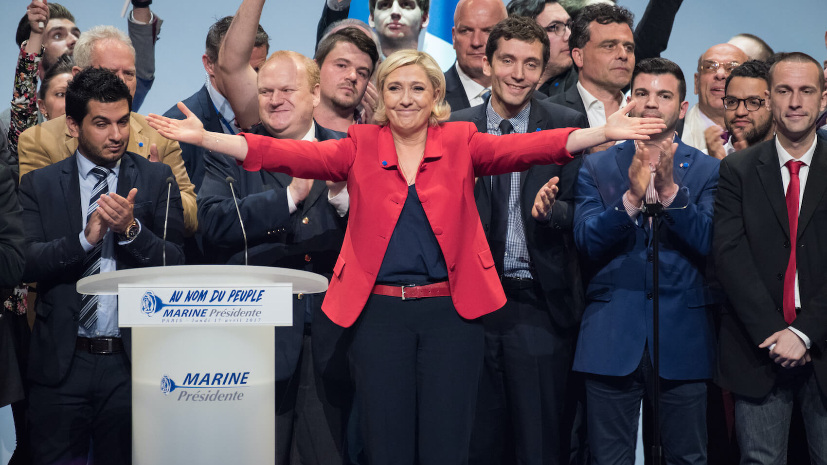 Marine Le Pen, from the Front National, a national-conservative political party in France in meeting for the presidential election of 2017 at the Zenith of Paris on April 17, 2017. Photo: Frederic Legrand.