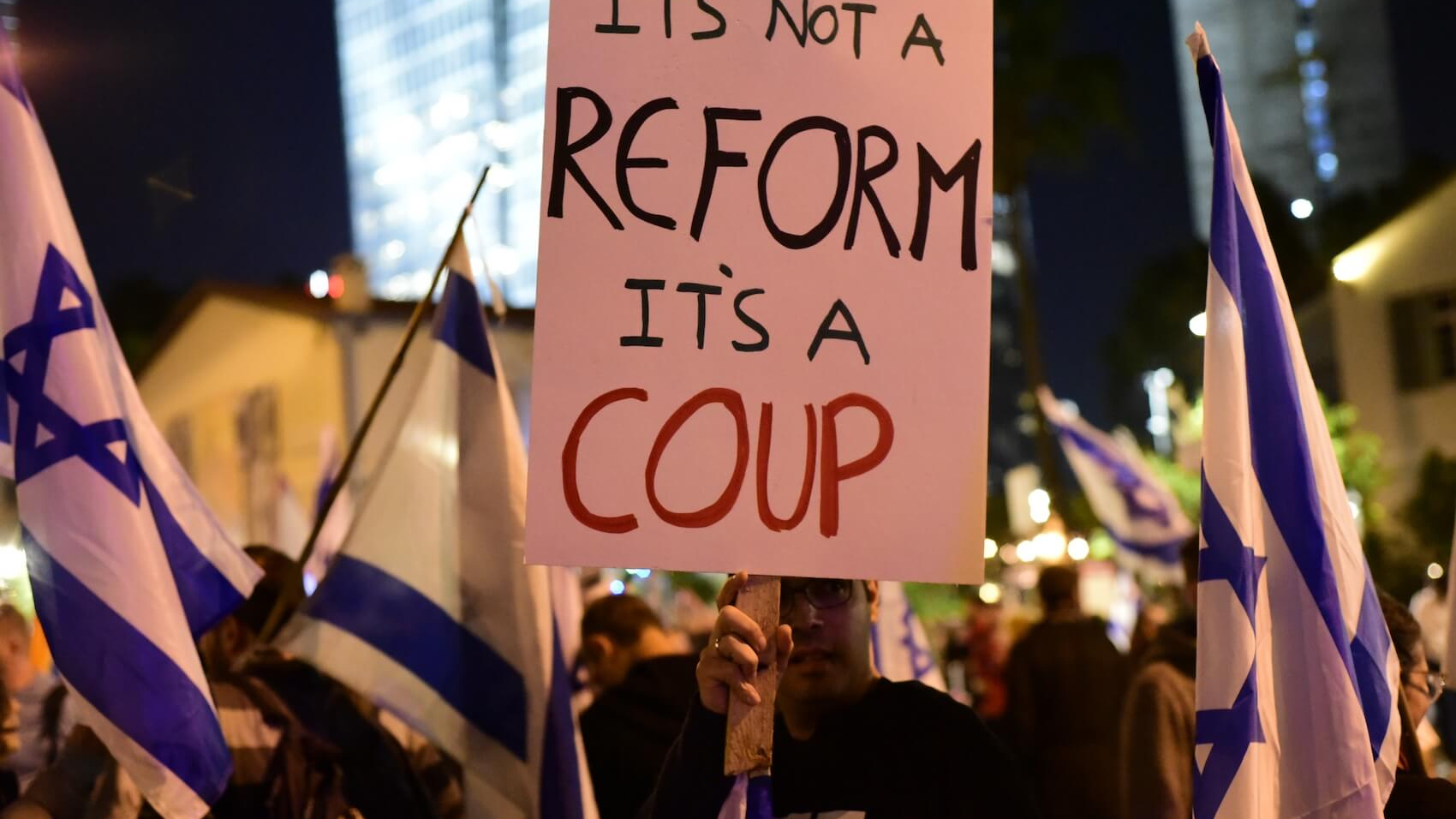 Israelis protest against Israeli Prime Minister Benjamin Netanyahu's anti-democratic move targeting judiciary in Tel Aviv on March 11, 2023. Photo: Avivi Aharon.