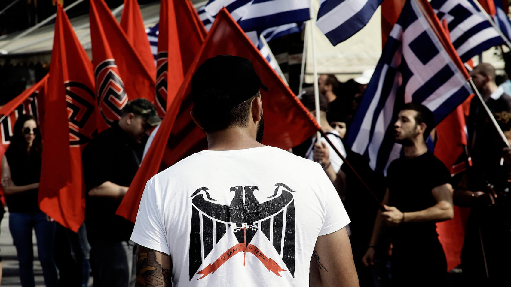 Far-right Golden Dawn party supporters attend the main pre-election rally outside the party's headquarters in Thessaloniki, Greece on June 15, 2014. Photo: Alexandros Michailidis.