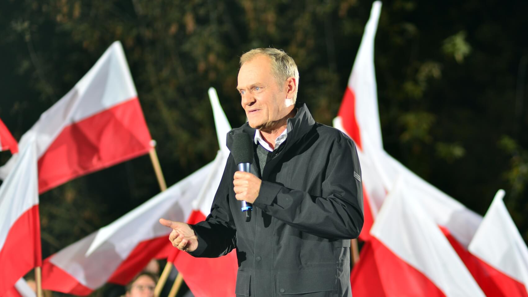 Donald Tusk speaks at an election rally after a televised debate on government television at the end of the campaign in Warsaw, Poland on October 9, 2023. Photo: Shutterstock.