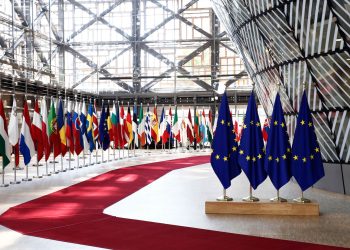 EU flags in EU Council building during the EU Summit in Brussels, Belgium on June 28, 2018. Photo: Alexandros Michailidis.