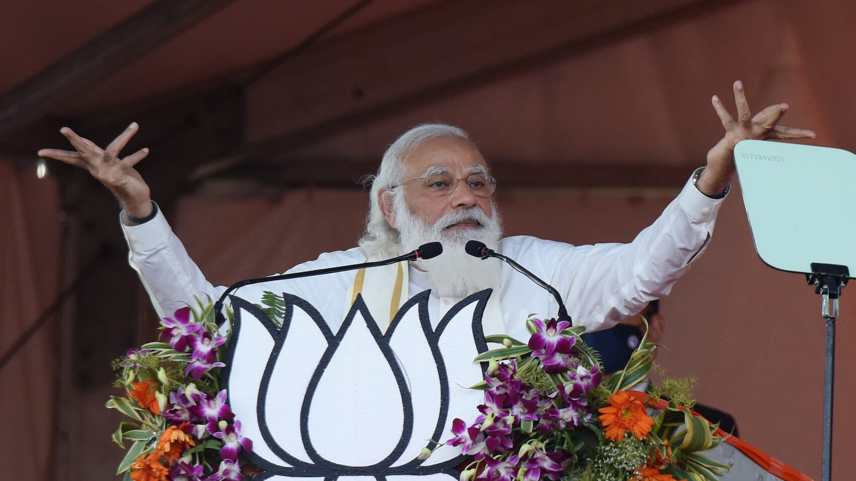 India's Prime Minister Narendra Modi addresses a Bharatiya Janta Party  rally ahead of state legislative assembly election on February 22,2021 in Hooghly, India. Photo: Saikat Paul.