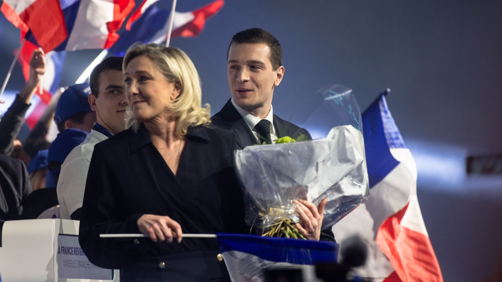 Marine Le Pen and Jordan Bardella are seen at the end of a polical meeting in Marseille for Rassemblement National party on March 3, 2024. Photo: Obatala-photography.