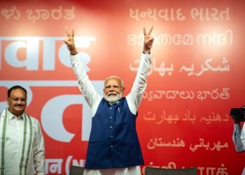 Prime Minister Narendra Modi is showing victory sign with both hand to supporters at Bharatiya Janata Party office amid the results of the Indian General Elections 2024 in New Delhi, India on June 4 2024. Photo: PradeepGaurs.
