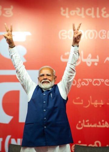 Prime Minister Narendra Modi is showing victory sign with both hand to supporters at Bharatiya Janata Party office amid the results of the Indian General Elections 2024 in New Delhi, India on June 4 2024. Photo: PradeepGaurs.