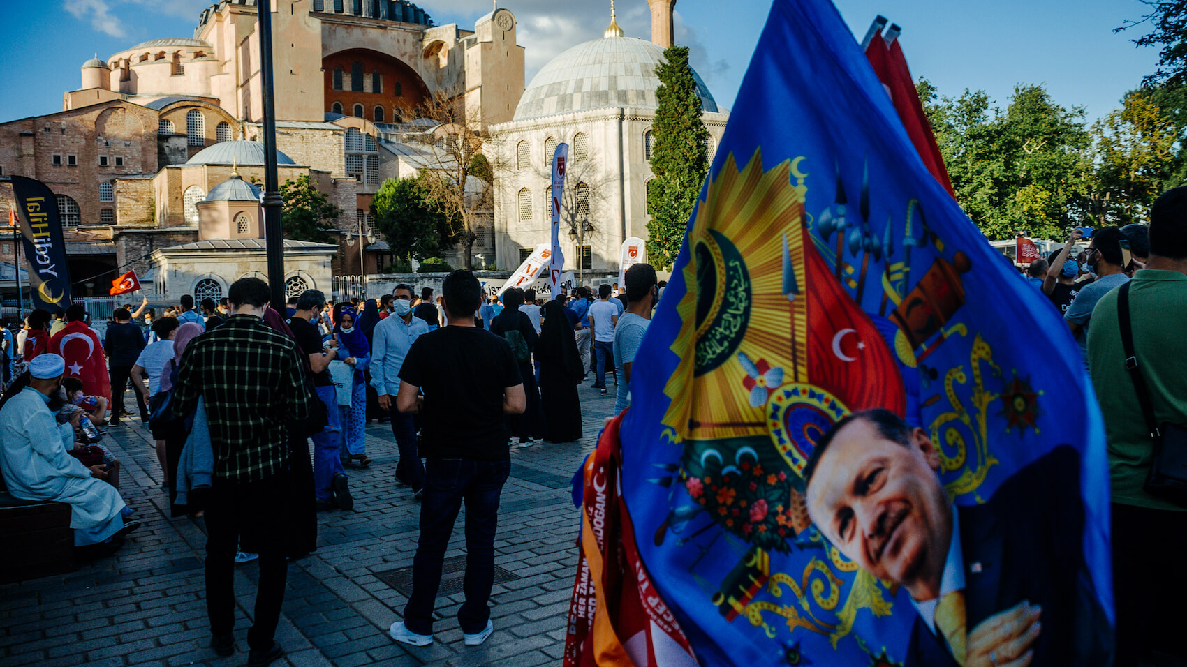 Hagia Sophia was converted into a mosque by the Erdogan regime in Turkey on July 10, 2020. Following the decision, several groups gathered in front of Hagia Sophia to celebrate. Photo: Ugur Ferhat Baloglu.