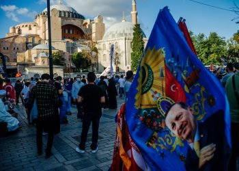 Hagia Sophia was converted into a mosque by the Erdogan regime in Turkey on July 10, 2020. Following the decision, several groups gathered in front of Hagia Sophia to celebrate. Photo: Ugur Ferhat Baloglu.