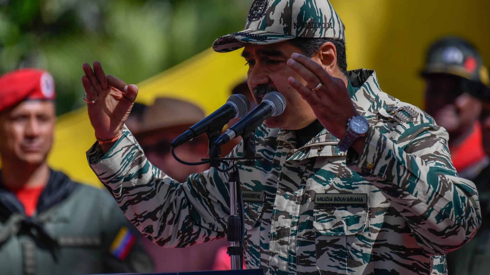Venezuela's controversial President Nicolas Maduro speaks during a rally on the 22nd anniversary of the coup against Hugo Chavez in Caracas, Venezuela, on April 13, 2024. Photo: StringerAL.