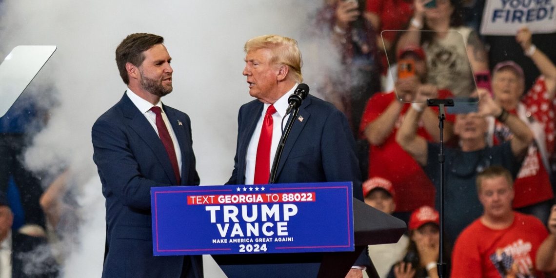 Former US President Donald Trump at a rally with VP nominee J.D. Vance in Atlanta, GA, on August 3, 2024. Photo: Phil Mistry.
