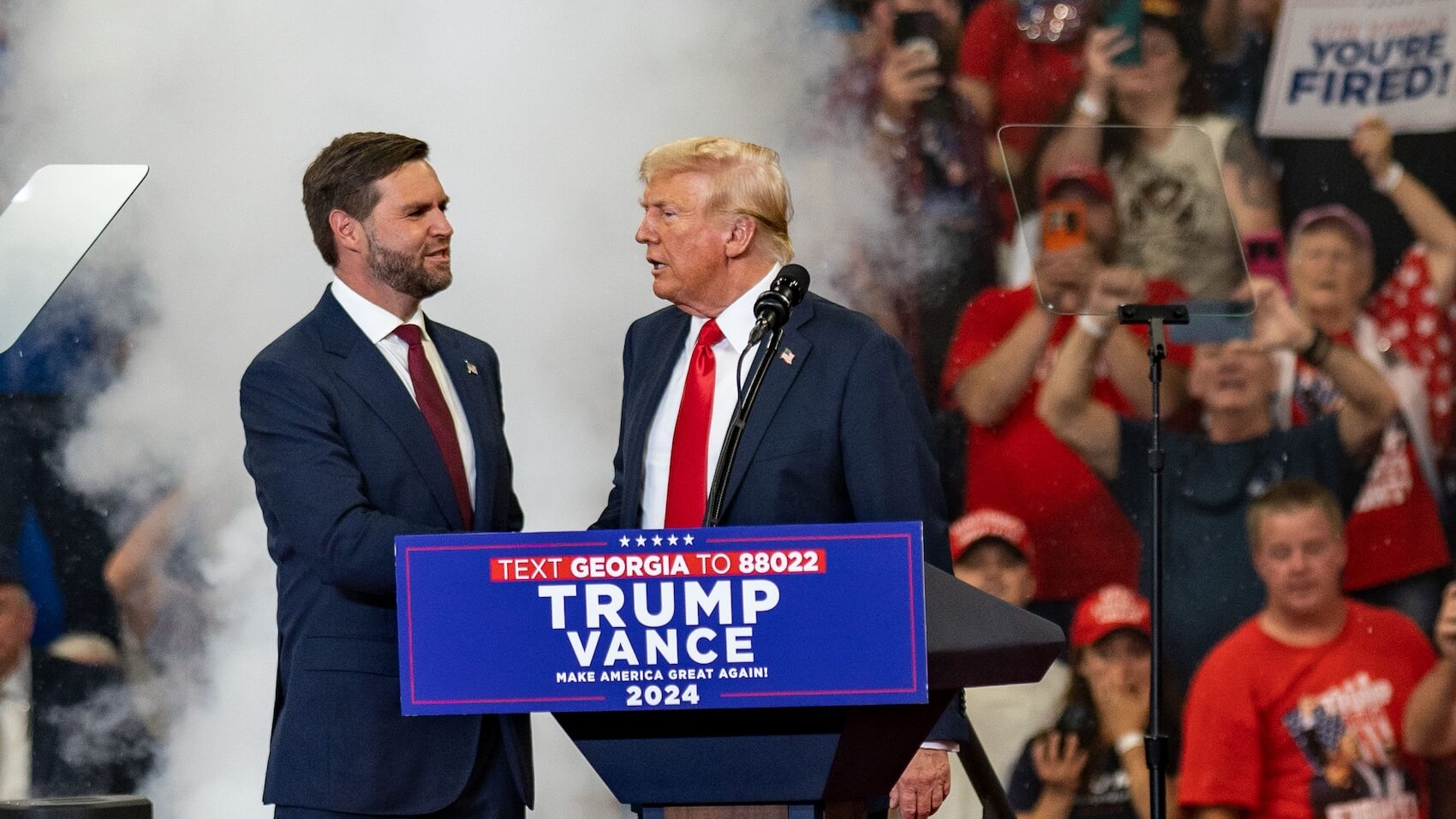 Former US President Donald Trump at a rally with VP nominee J.D. Vance in Atlanta, GA, on August 3, 2024. Photo: Phil Mistry.
