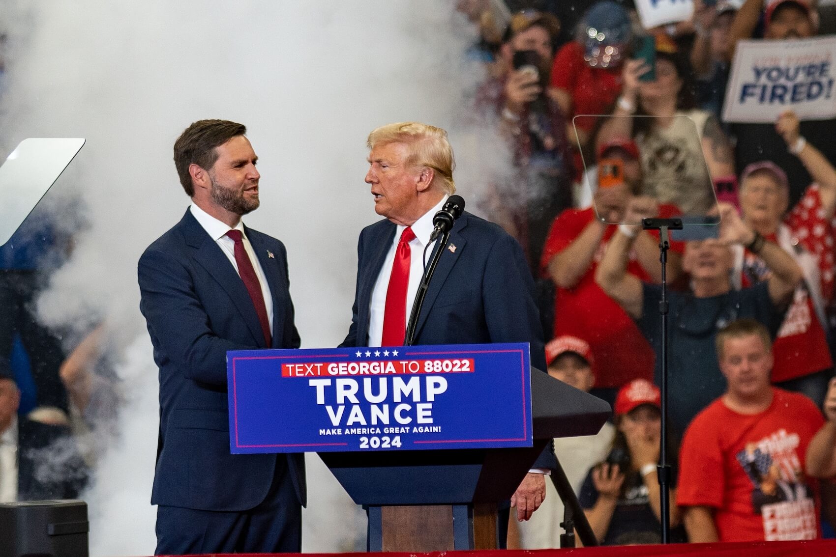 Former US President Donald Trump at a rally with VP nominee J.D. Vance in Atlanta, GA, on August 3, 2024. Photo: Phil Mistry.