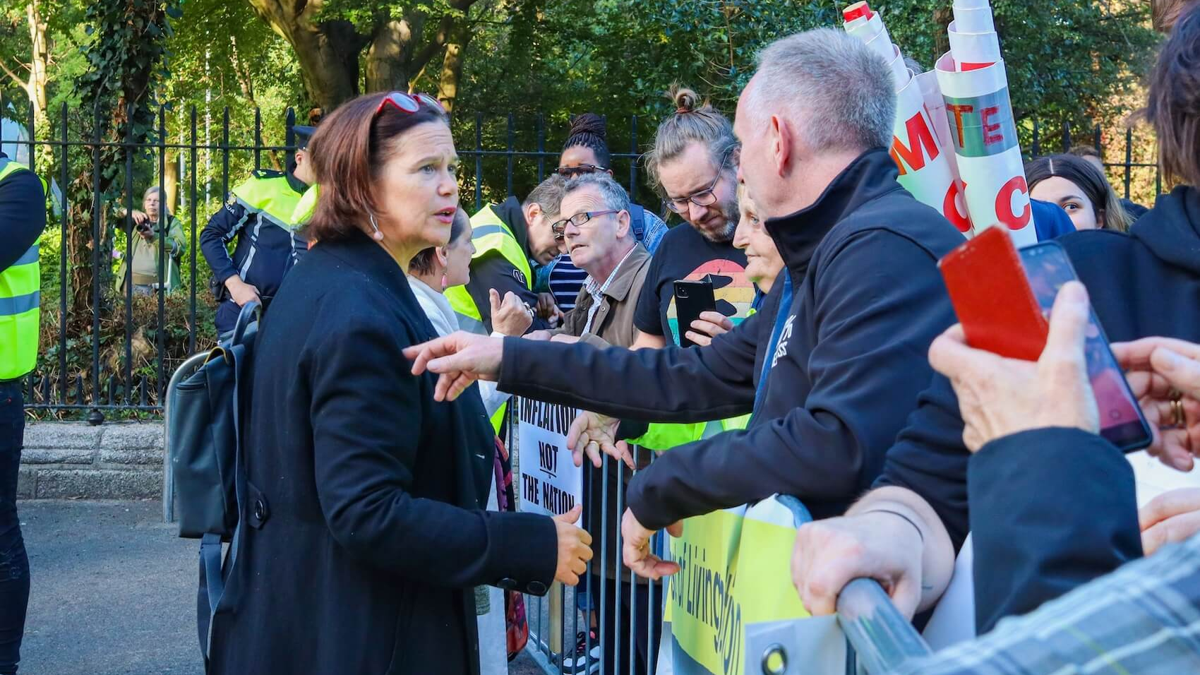 Sinn Féin leader Mary Lou McDonald meets with supporters at the Cost of Living Coalition protest in Dublin, Ireland, on September 24, 2022. Photo: Liam Murphy.