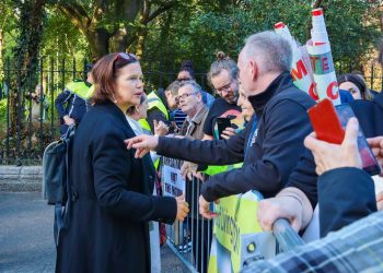 Sinn Féin leader Mary Lou McDonald meets with supporters at the Cost of Living Coalition protest in Dublin, Ireland, on September 24, 2022. Photo: Liam Murphy.
