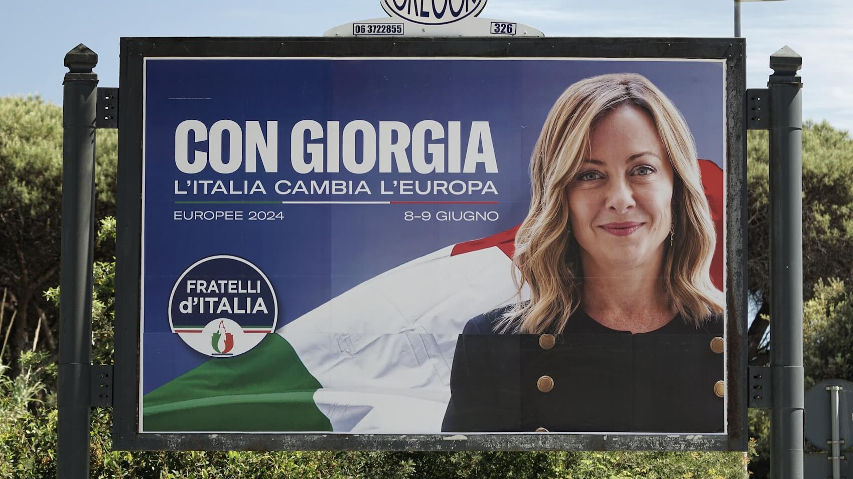 A poster for the 2024 European elections featuring Italian Prime Minister Giorgia Meloni in Rome, Italy on May 4, 2024. Photo: Stefano Chiacchiarini.