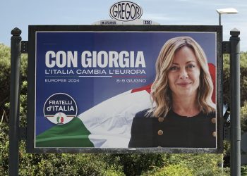 A poster for the 2024 European elections featuring Italian Prime Minister Giorgia Meloni in Rome, Italy on May 4, 2024. Photo: Stefano Chiacchiarini.