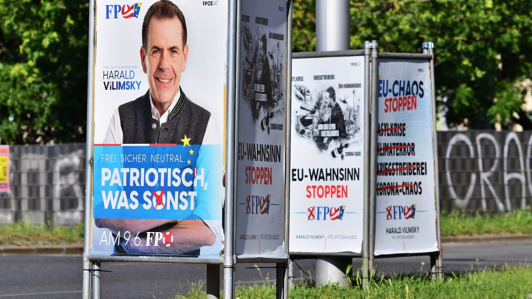 European Parliamentary election posters of the FPÖ in Vienna, Austria, on May 15, 2024. Photo: Shutterstock.