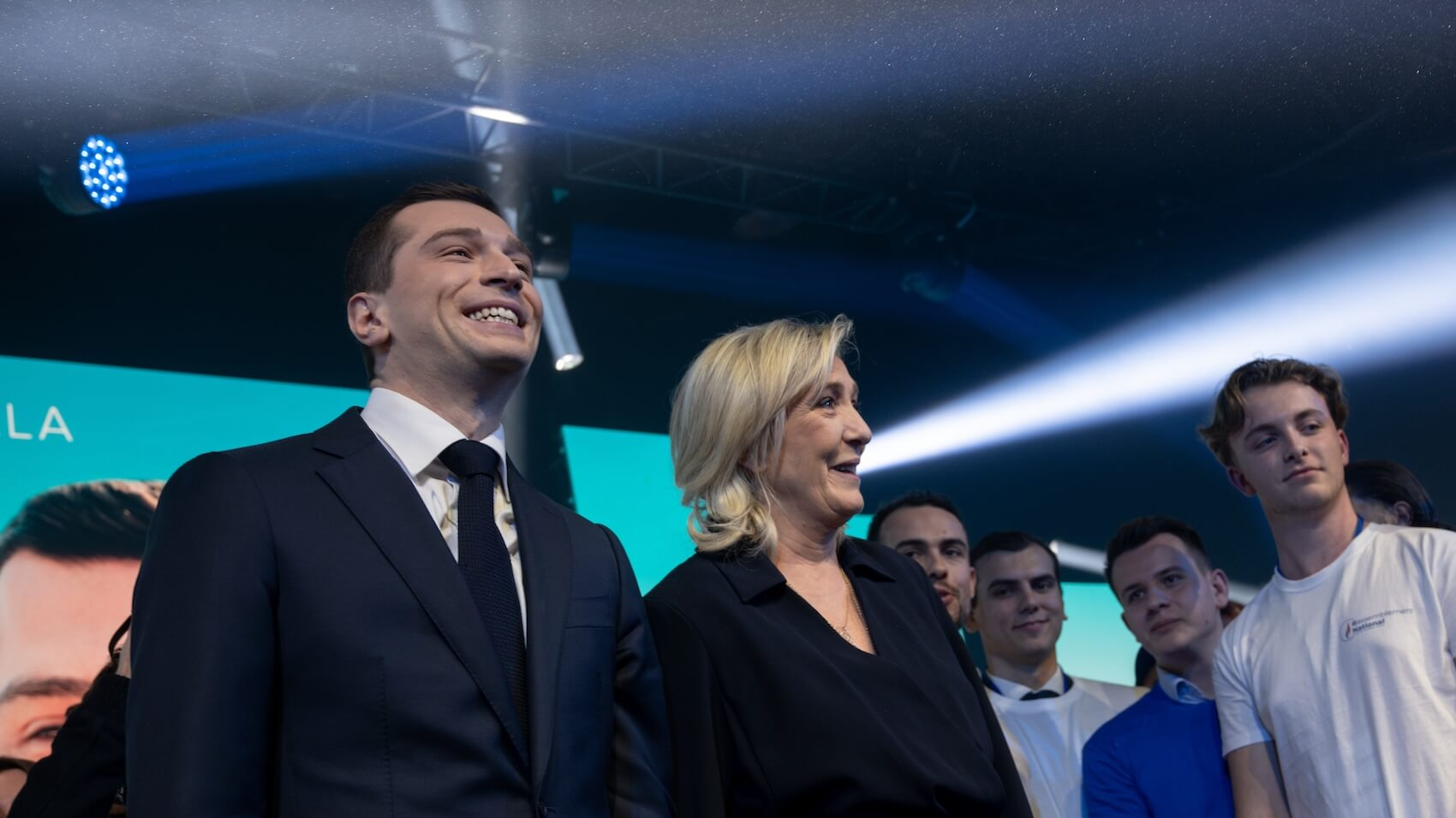 Marine Le Pen and Jordan Bardella are seen at the conclusion of a political meeting for the Rassemblement National party in Marseille on March 3, 2024. Photo: Obatala-photography.