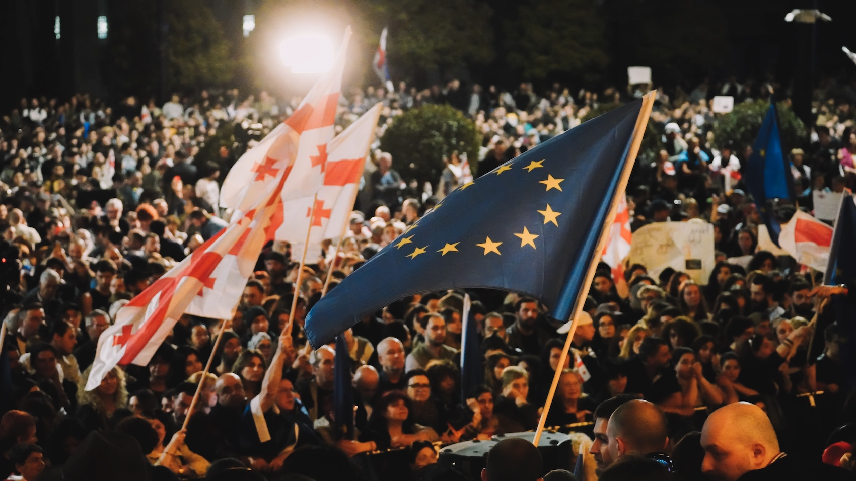 Thousands of people demonstrated in the Georgian capital, Tbilisi, on April 13, 2024, demanding the withdrawal of a controversial "foreign influence" bill, which they claim is inspired by authoritarian laws used by neighboring Russia to suppress dissent. Photo: George Khelashvili.
