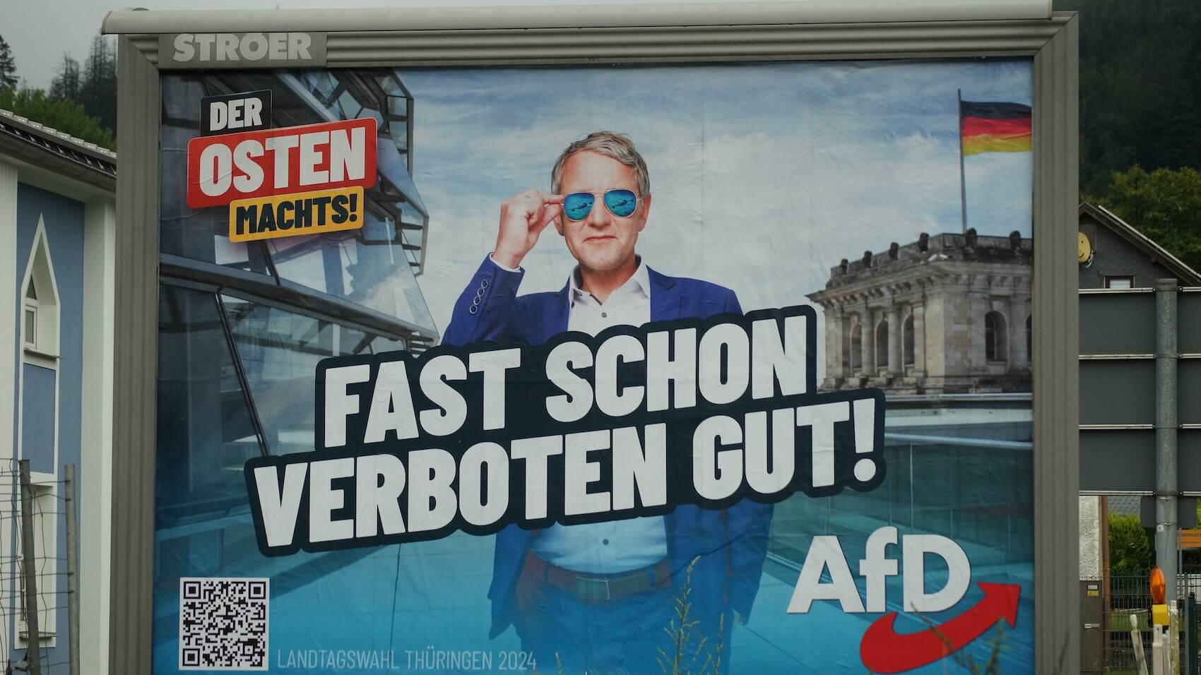 Election poster of Björn Höcke for the AfD party with the slogan roughly translating to "forbidden good" in Sonneberg, Thuringia, Germany, on August 4, 2024. Photo: Shutterstock.