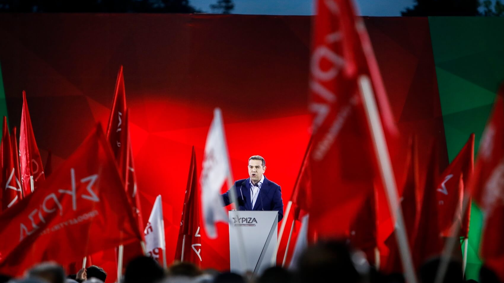 Leader of the Syriza party, Alexis Tsipras, delivers a speech during a pre-election campaign event in Thessaloniki, Greece, on May 16, 2023. Photo: Giannis Papanikos.