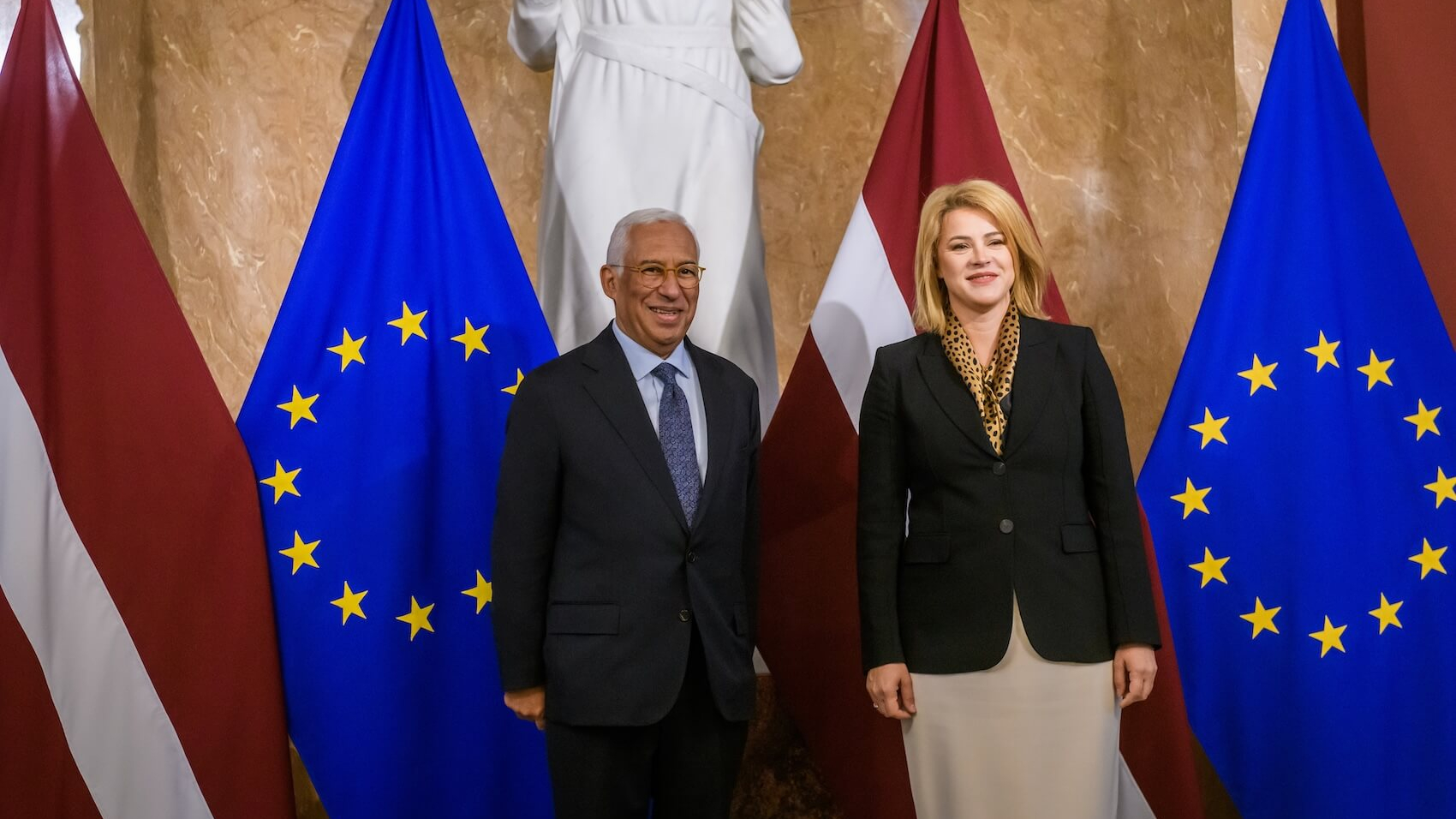 Evika Siliņa (R), Prime Minister of Latvia, meets with António Costa (L), President-elect of the European Council, in Riga, Latvia, on October 9, 2024. Photo: Gints Ivuskans.
