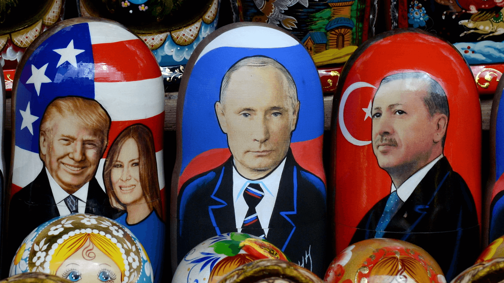 Nested dolls depicting authoritarian and populist leaders Vladimir Putin, Donald Trump, and Recep Tayyip Erdogan displayed among souvenirs in Moscow on July 7, 2018. Photo: Shutterstock.