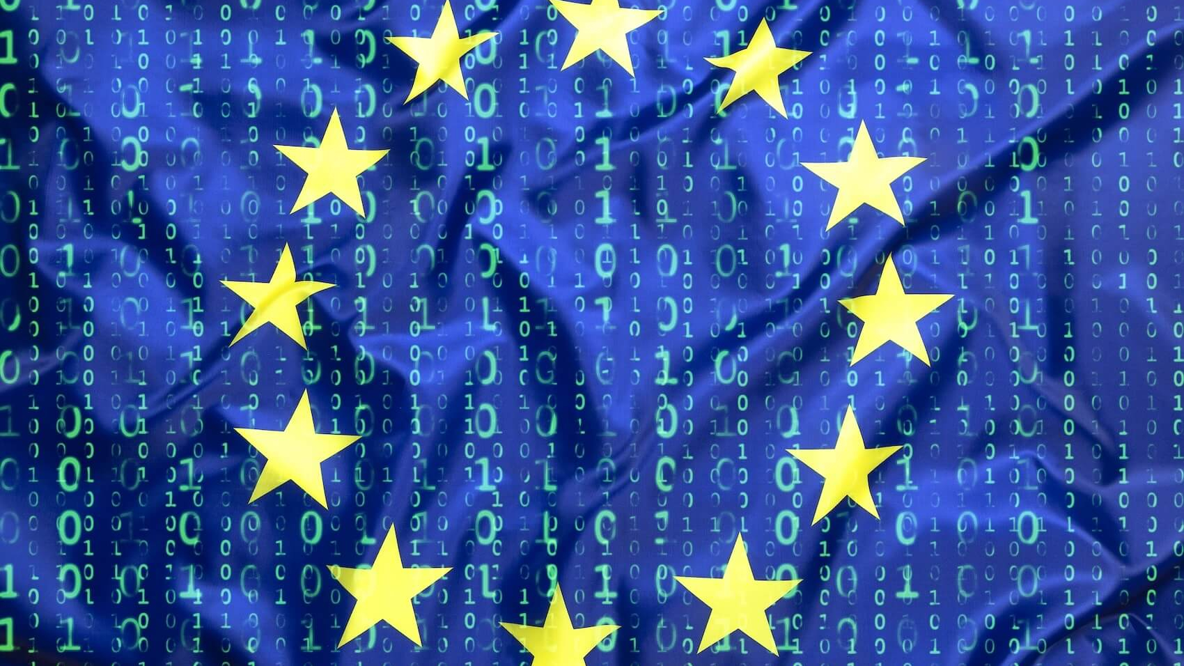 Data protection concept featuring binary code overlayed with the European Union flag. Photo: KB-Photodesign.
