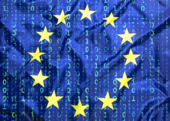 Data protection concept featuring binary code overlayed with the European Union flag. Photo: KB-Photodesign.