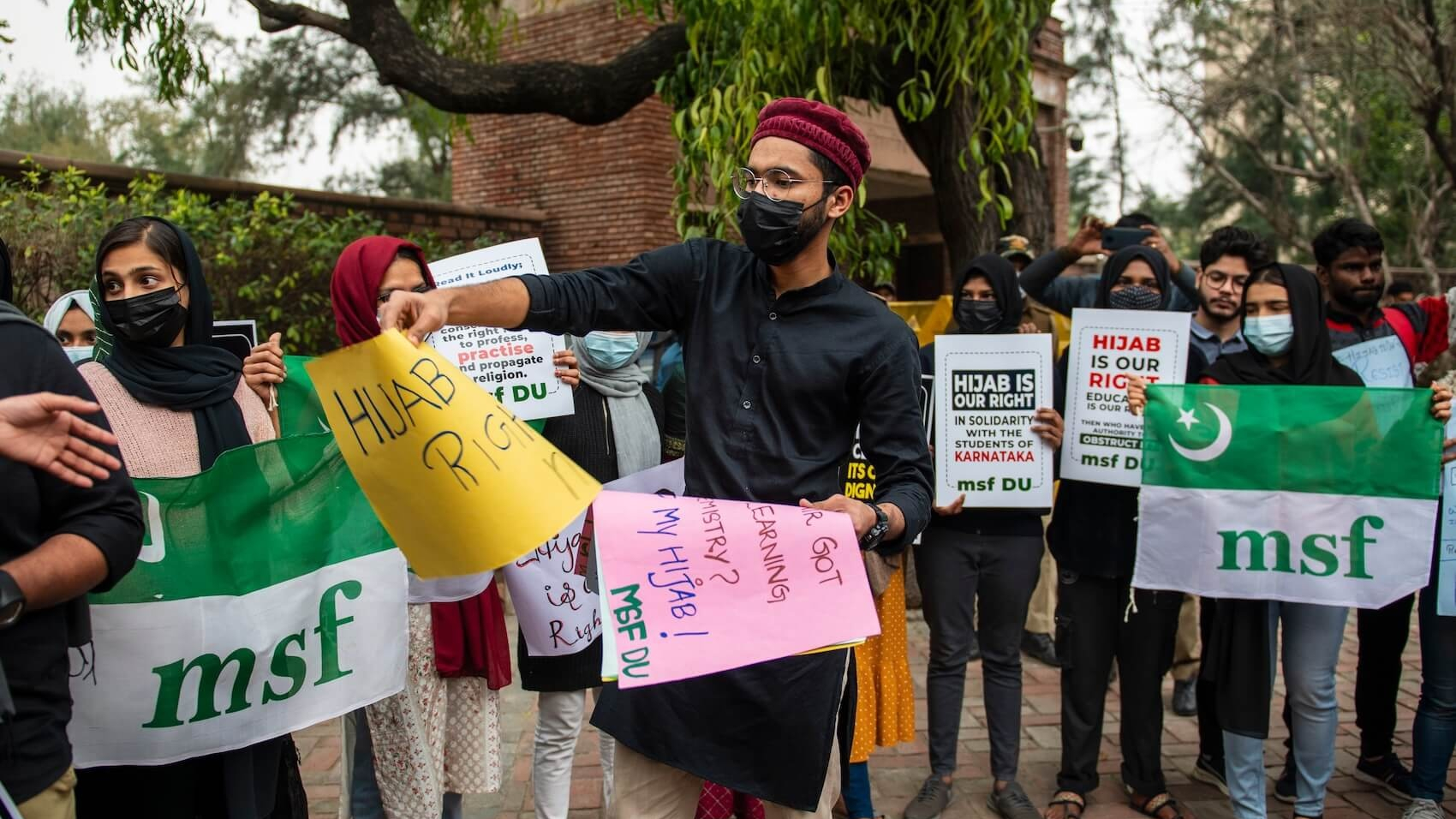 Members of the All India Muslim Students Federation (MSF) protest against the Karnataka Government's Hijab ban in educational institutions, at Delhi University, New Delhi, India, on February 9, 2022. Photo: Pradeep Gaurs.