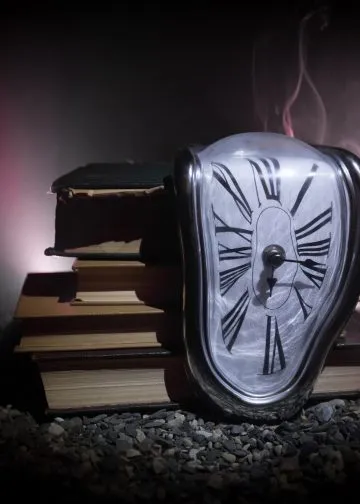 Distorted soft melting clock on the old books. Photo: Zef Art.