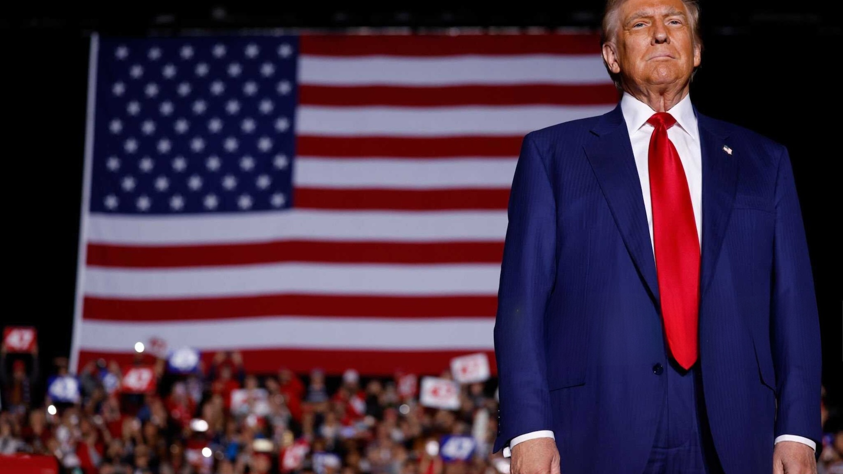 Republican presidential nominee, former U.S. President Donald Trump arrives to speak during a campaign rally at Suburban Collection Showplace on October 26, 2024 in Novi, Michigan. Photo: Anna Moneymaker.