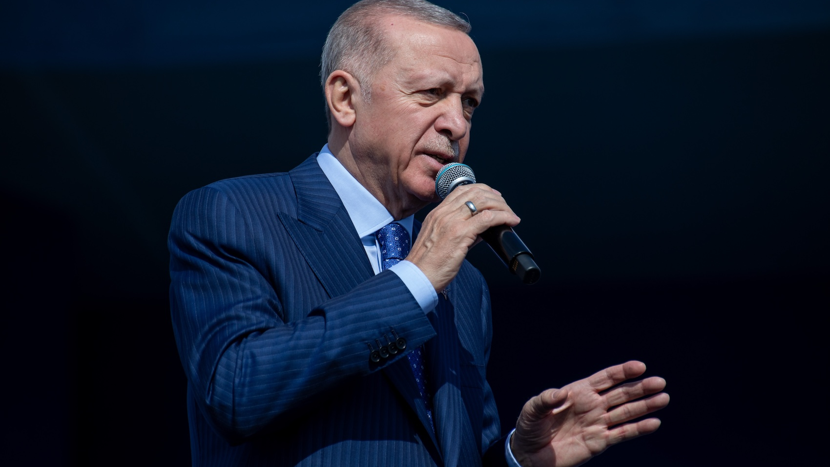Turkish President Recep Tayyip Erdogan addresses a rally organized by the Justice and Development Party (AKP) at Istanbul Ataturk Airport ahead of the local elections in Istanbul, Turkey on March 24, 2024. Photo: Tolga Ildun.