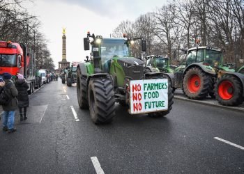 Farmers and truckers protest against subsidy cuts at the Brandenburg Gate in Berlin, Germany, on January 14, 2024. Photo: Shutterstock.