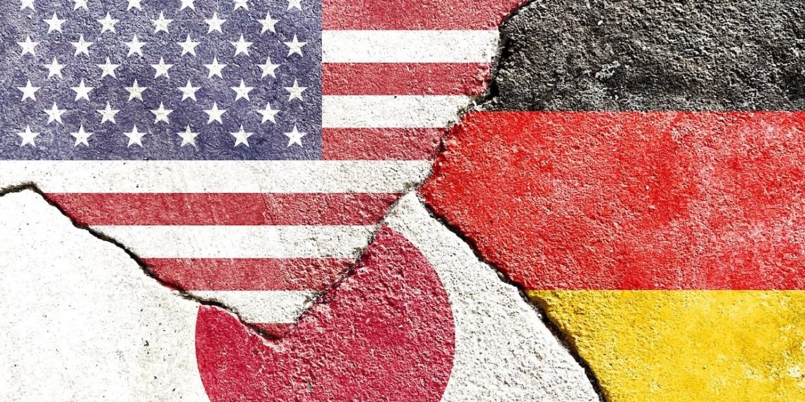 Faded USA vs Germany vs Japan national flags icon isolated on broken weathered cracked wall background, abstract US Germany Japan politics relationship divided conflicts concept texture wallpaper.
